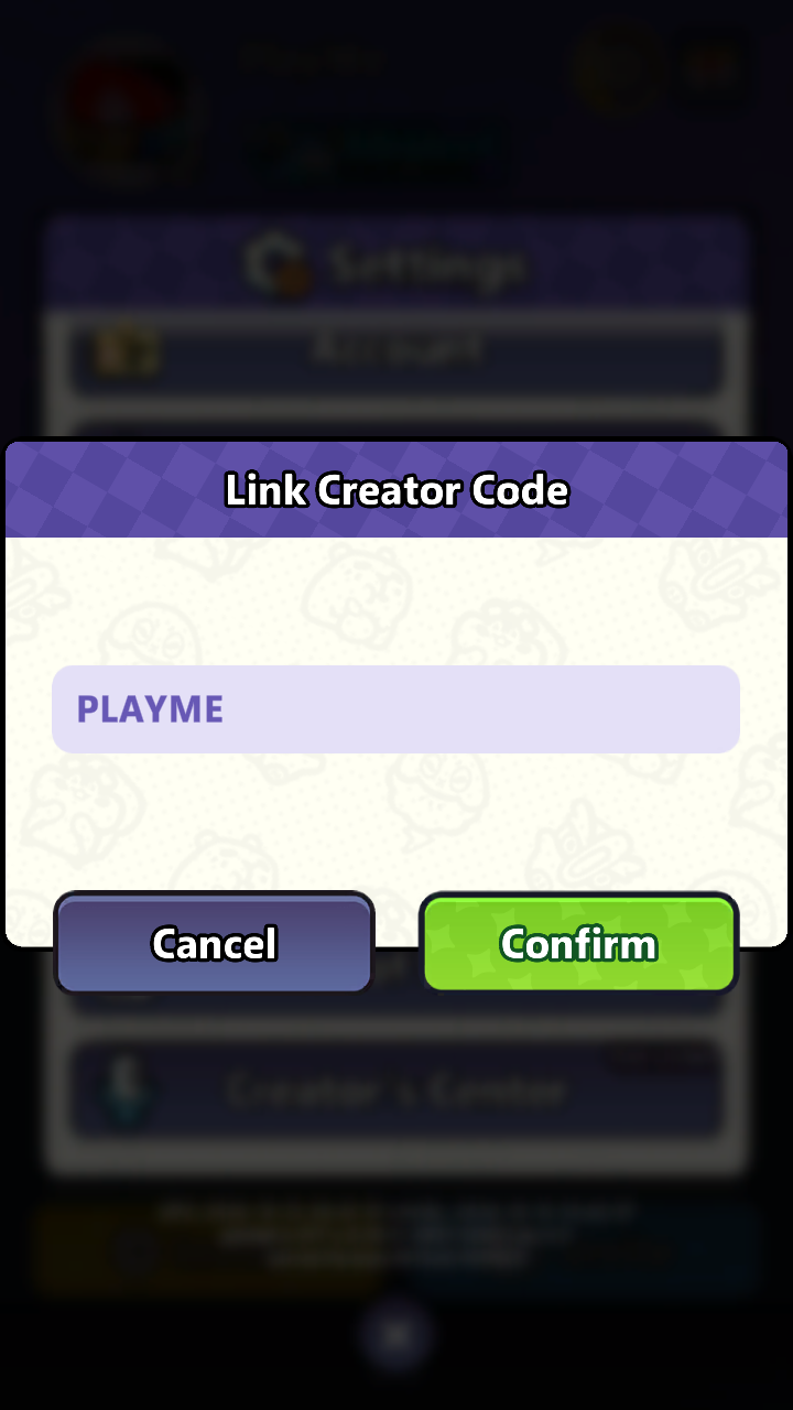 Link Creator Code screen with PLAYME entered and a green Confirm button.